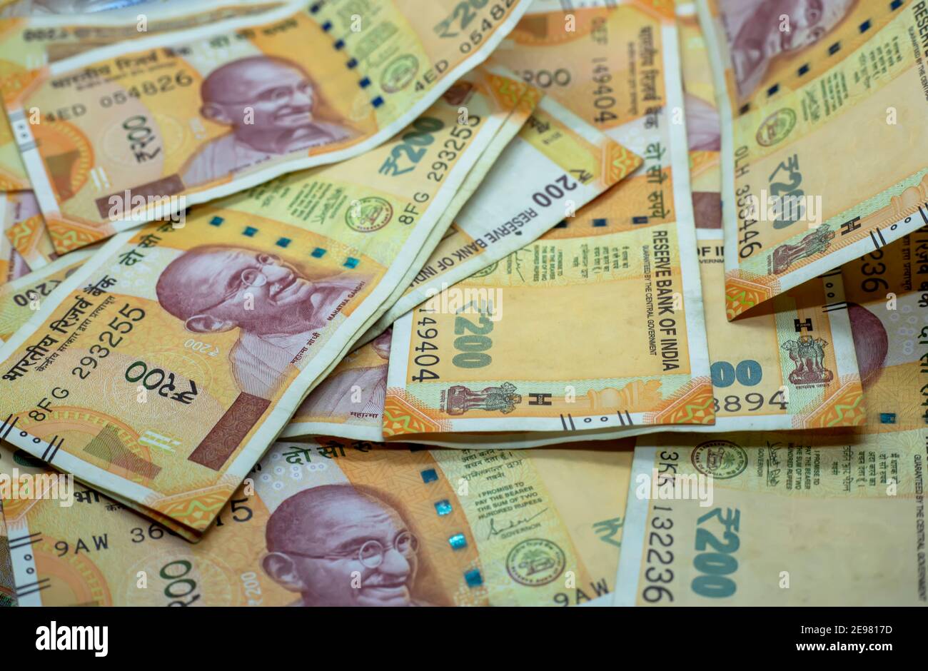 Indian money and banknotes, 200 rupees. Backgrounds of paper Indian ...
