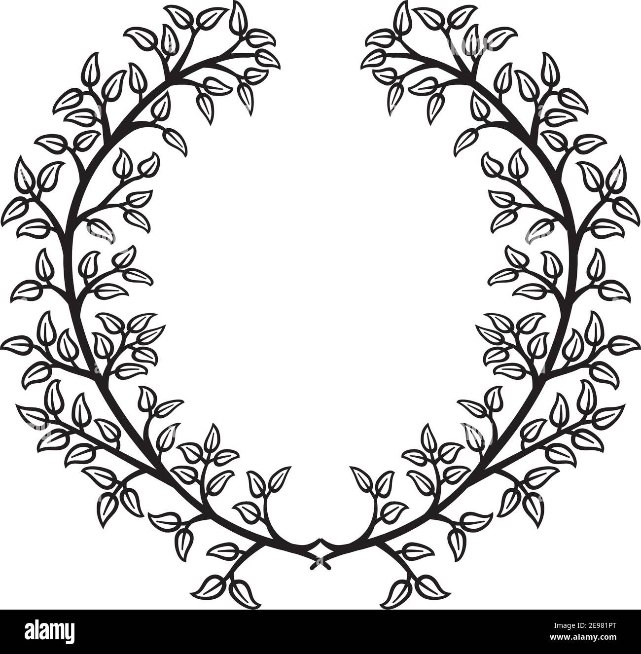 Vector illustration of a wreath of leaves in black line on white ...