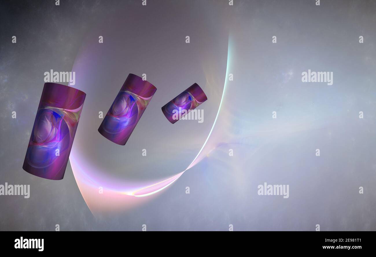 Fractals, abstract 3D cylindrical bodies emerging from a portal, against the background of a glowing nebula Stock Photo