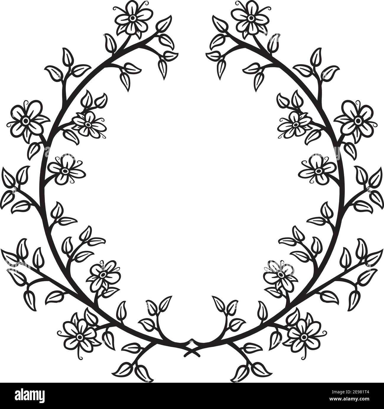 Vector illustration of a floral wreath in black line on white ...