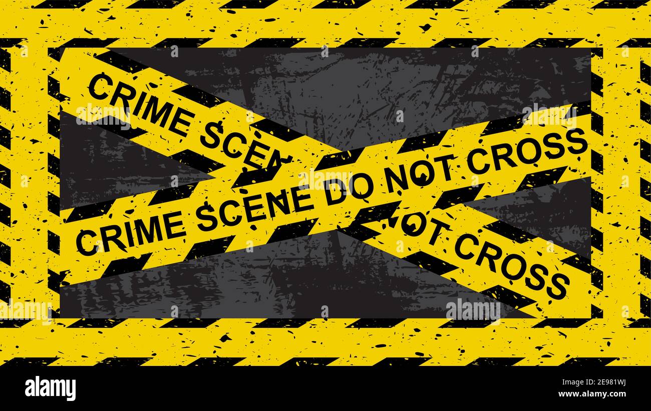 Crime scene yellow tape. Crossed lines with sign 'do not cross' on grunge dark background. Restricted area symbol. Criminal wallpaper for forensic sci Stock Vector