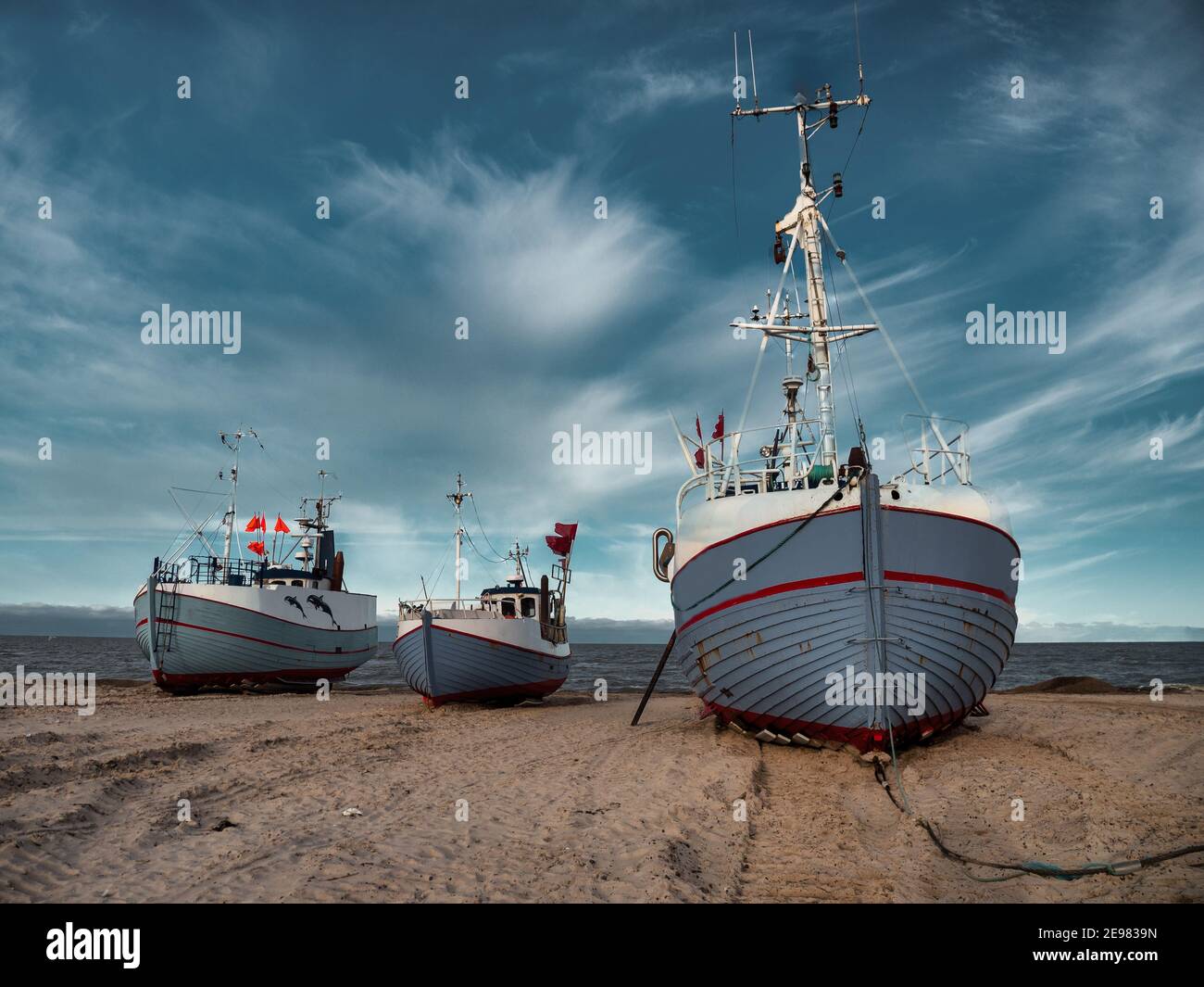 Thorupstrand cutters fishing vessels for traditional fishery at the North Sea coast in Denmark Stock Photo