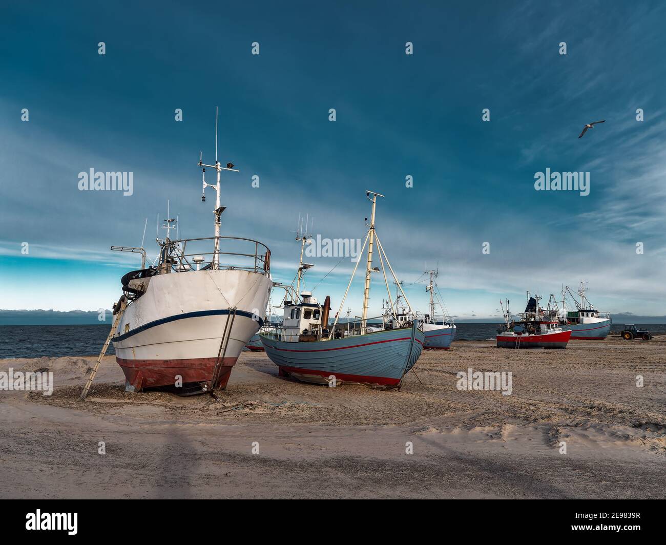 Thorupstrand cutters fishing vessels for traditional fishery at the North Sea coast in Denmark Stock Photo