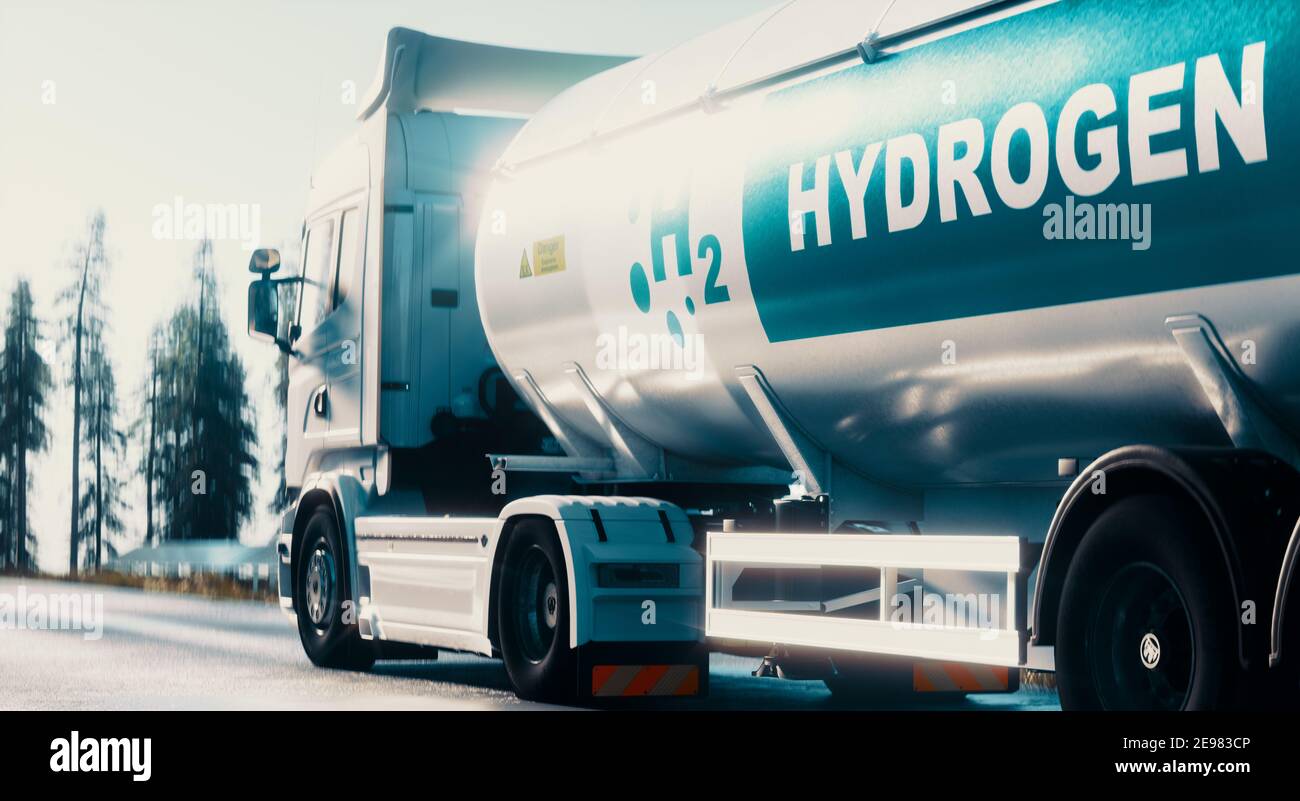 Hydrogen logistics concept. Truck with gas tank trailer on the road lined with solar power plants. 3d rendering Stock Photo