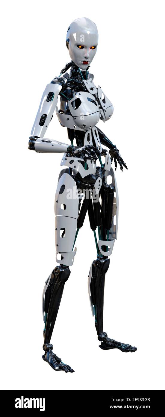 3D of female robot isolated on white background Stock Photo - Alamy
