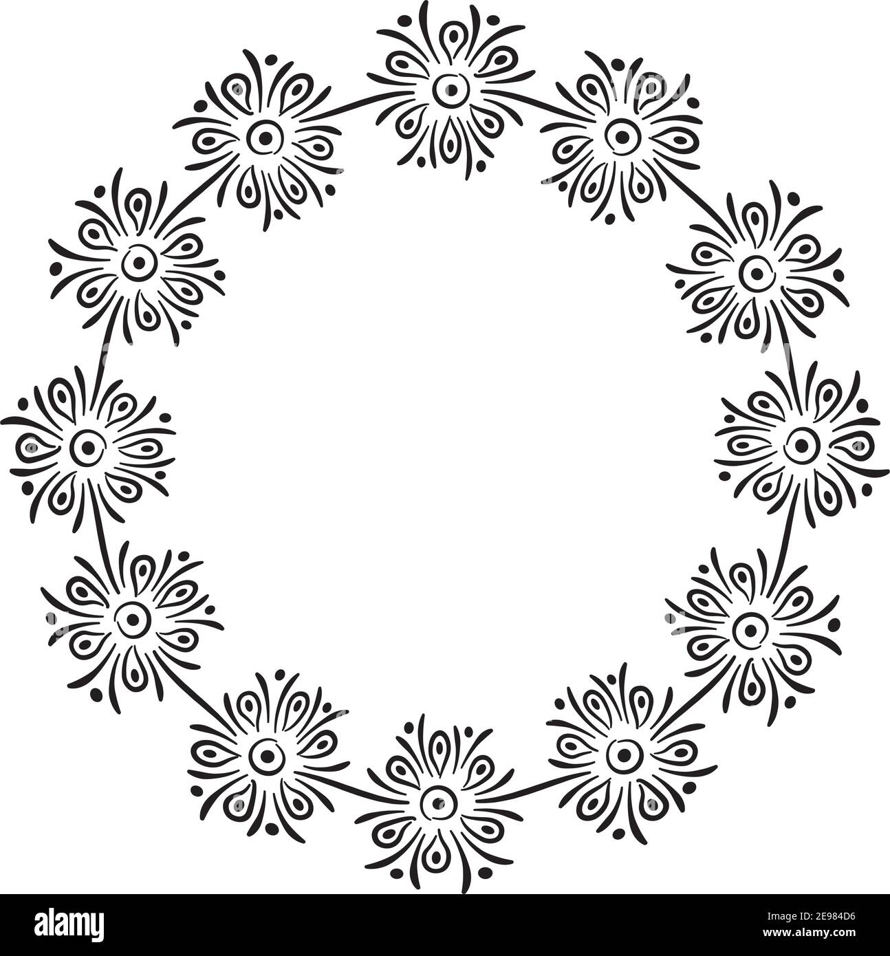 Vector illustration of a floral wreath in black line on white ...