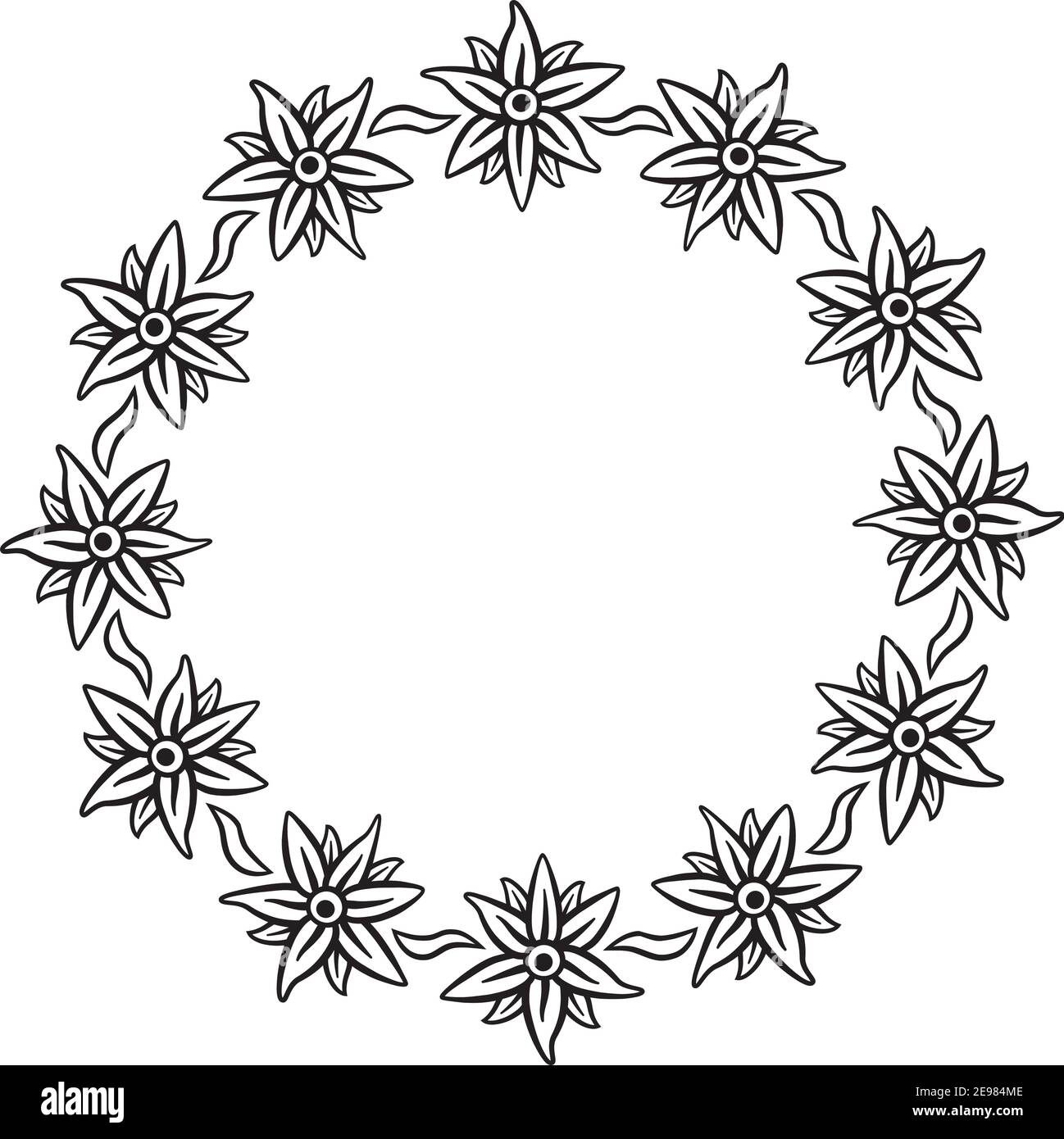 Vector illustration of a floral wreath in black line on white ...