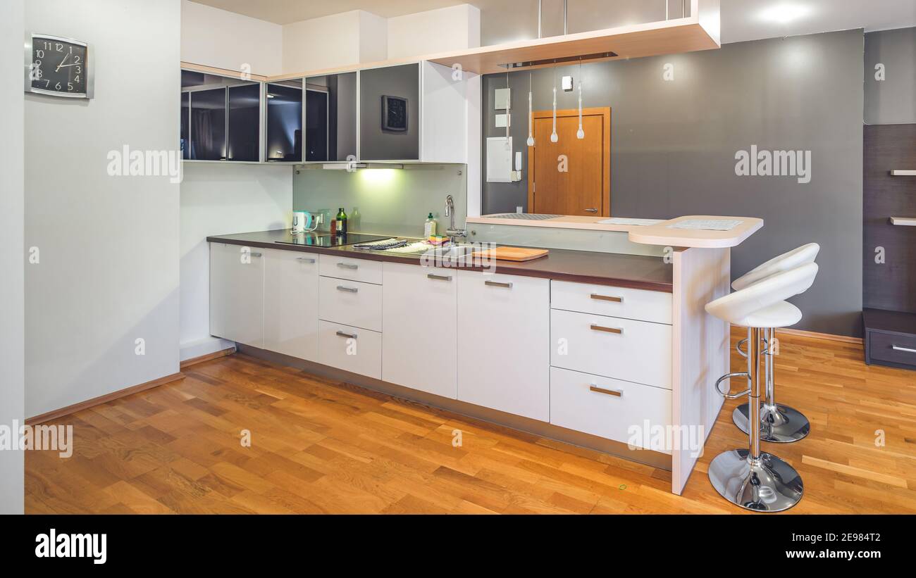 View of Modern interior of kitchen in luxury apartment Stock Photo - Alamy