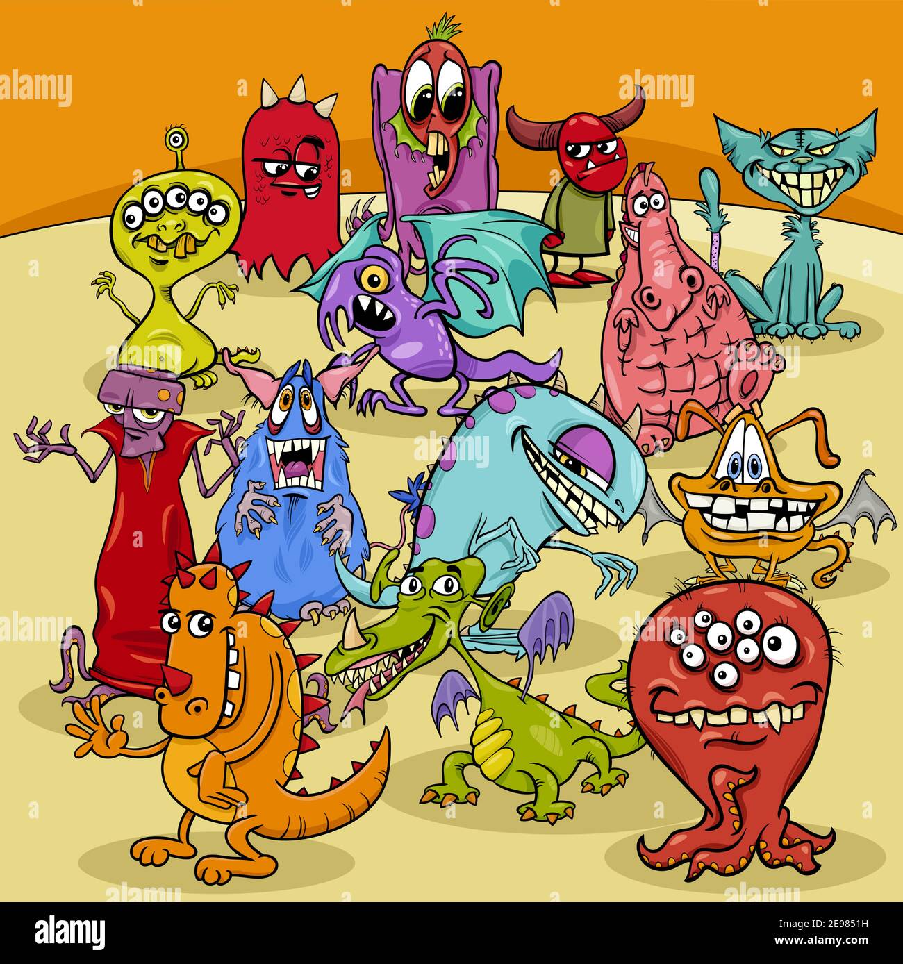 Cartoon illustration of funny monsters fantasy characters group Stock Vector