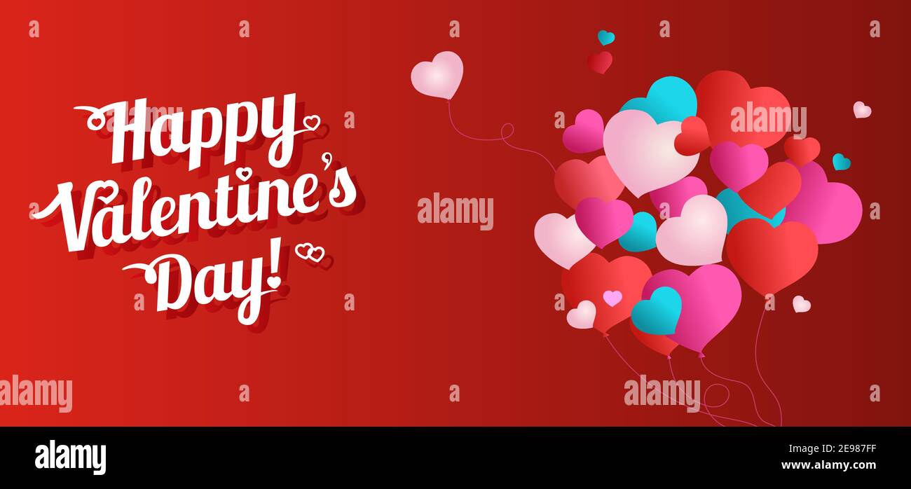 Card Valentines day. Red, blue and pink balloons fly up on red ...