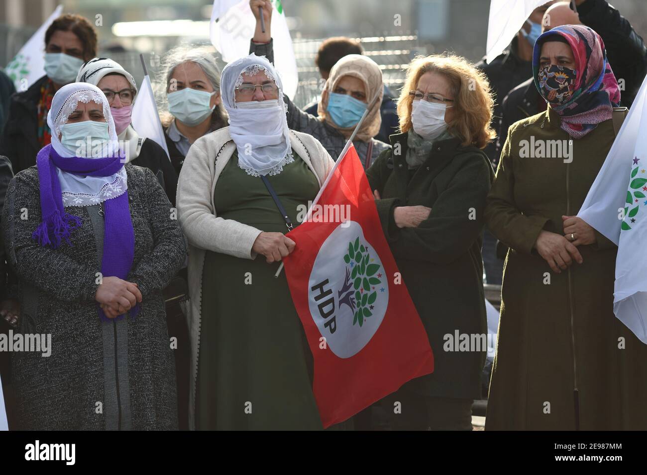 Supporters of Selahattin Demirtas, a jailed former co-leader of the pro-Kurdish Peoples' Democratic Party (HDP), gather for a press statement outside the Istanbul Justice Palace, the Caglayan Courthouse, in Istanbul, Turkey February 3, 2021. REUTERS/Murad Sezer Stock Photo