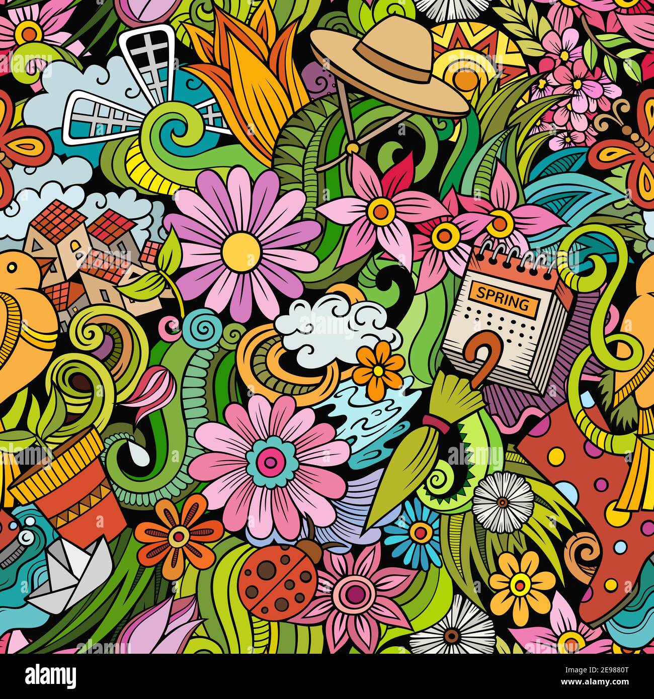 Cartoon doodles Spring seamless pattern. Stock Vector