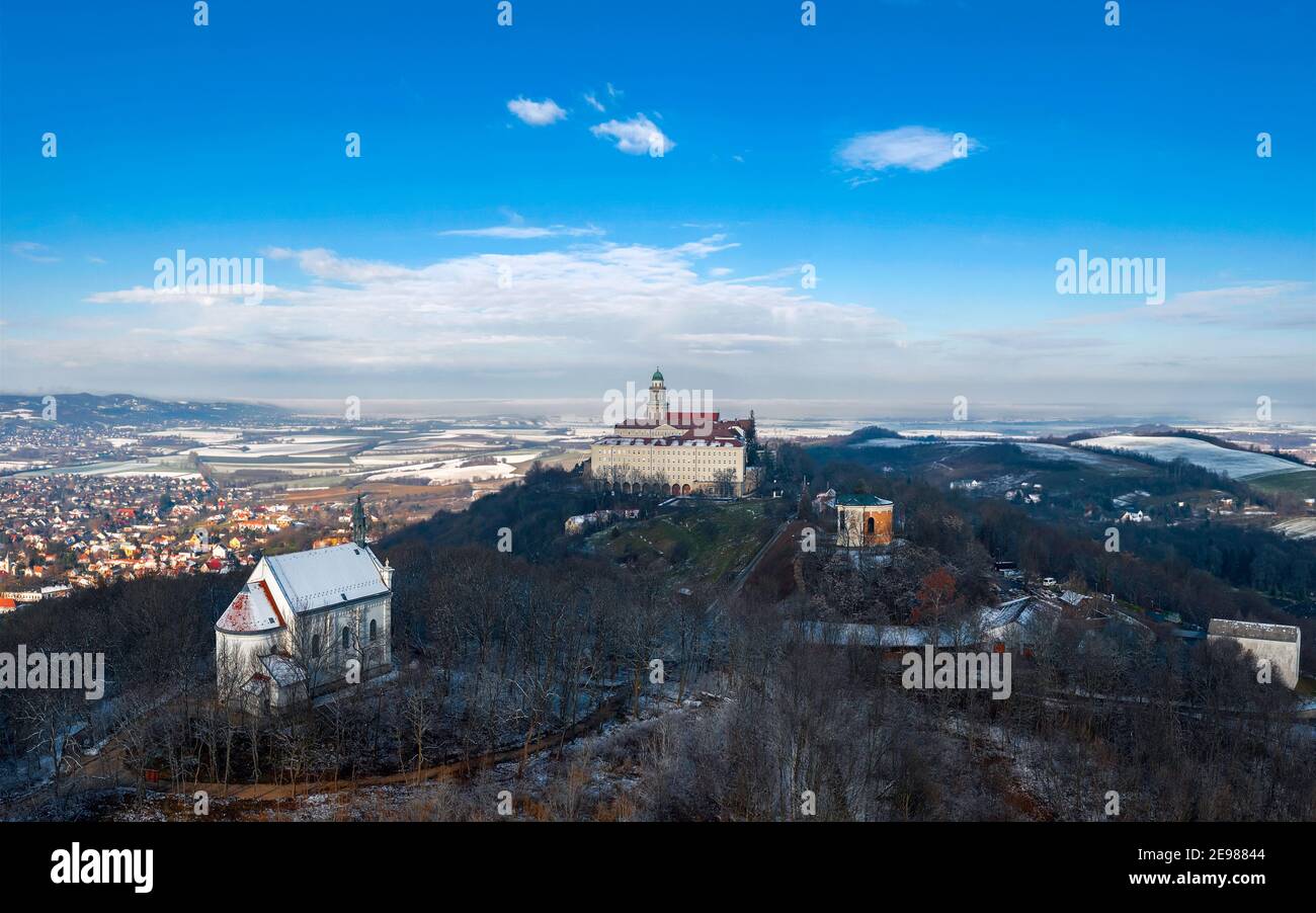 Panormaic arieal photo about Pannonhalama Benedictine abbey in Hungary. Amazing historical building with a beautiful church and library and high schoo Stock Photo