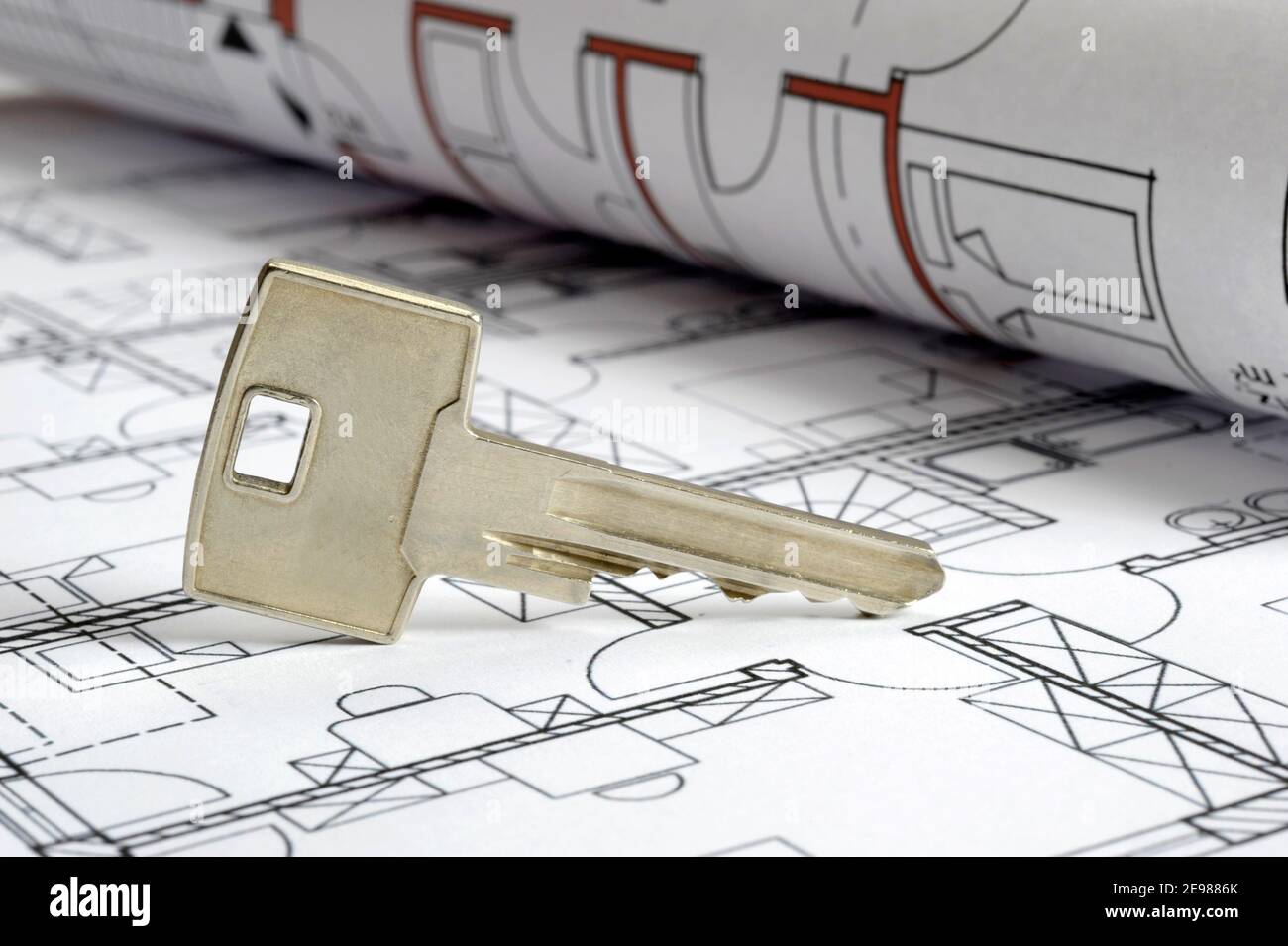 architectural blueprint plan with house key Stock Photo