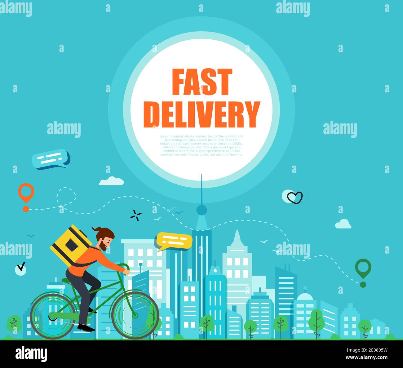 Fast Delivery order. Blue poster delivery goods. Delivery guy walking around city on Bicycle. Template layout poster or web. Vector illustration. Stock Vector