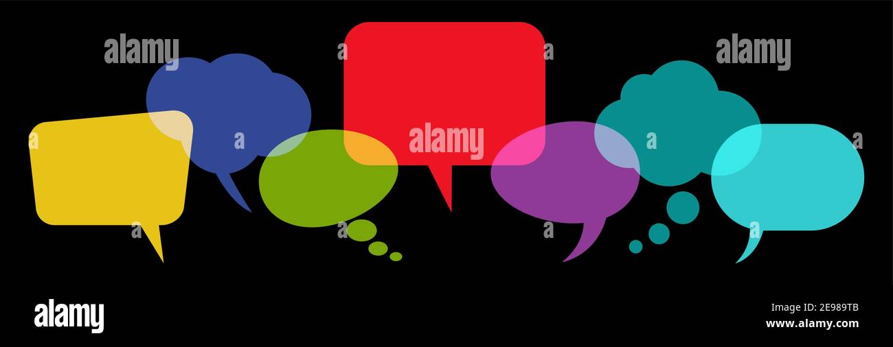 illustration of colored speech bubbles in a row with space for text on ...