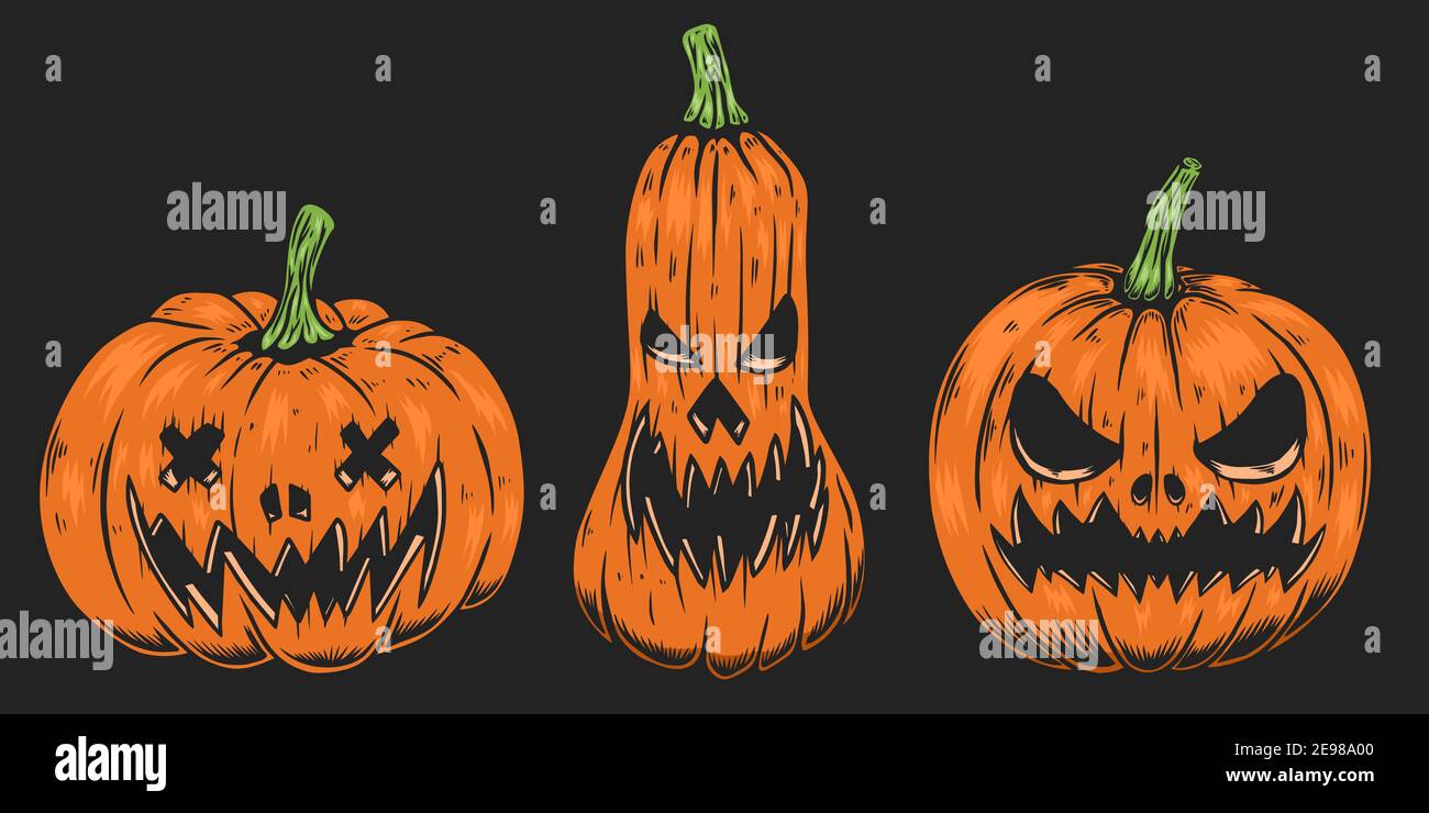 Set Of Illustrations Of Scary Halloween Pumpkin Design Element For Poster Card Banner Sign