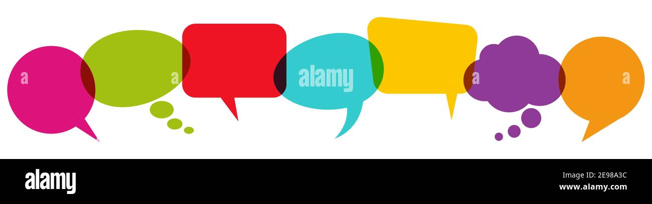 illustration of colored speech bubbles in a row with space for text ...