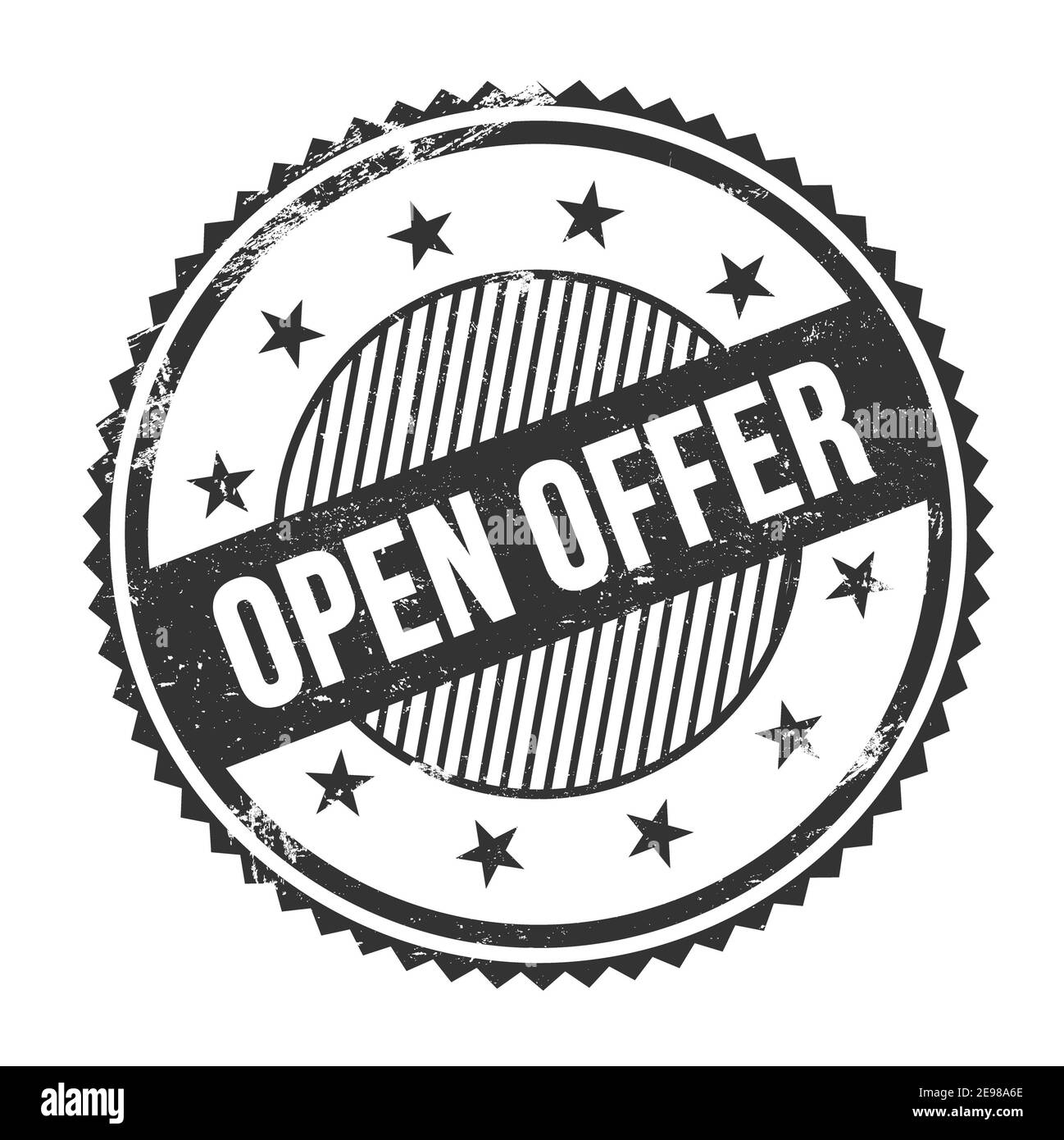 OPEN OFFER text written on black grungy zig zag borders round stamp