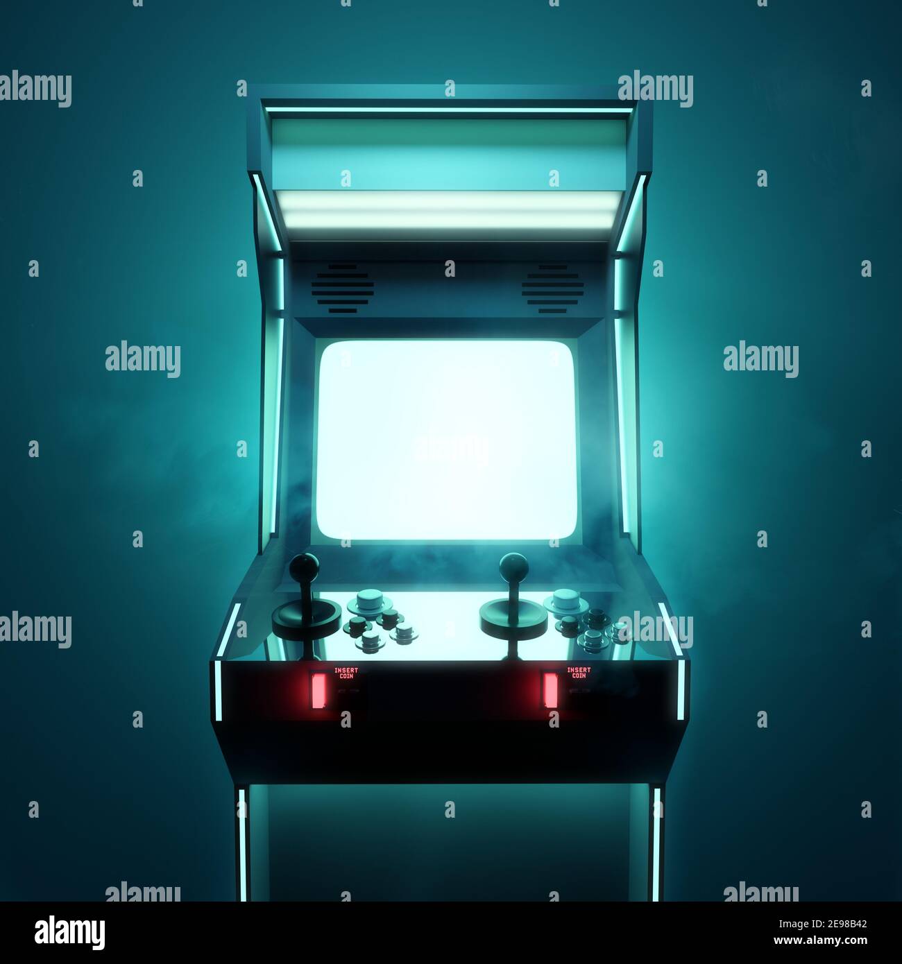 A retro video games arcade fighting machine for two players, with a large blank screen. 3D render illustration. Stock Photo