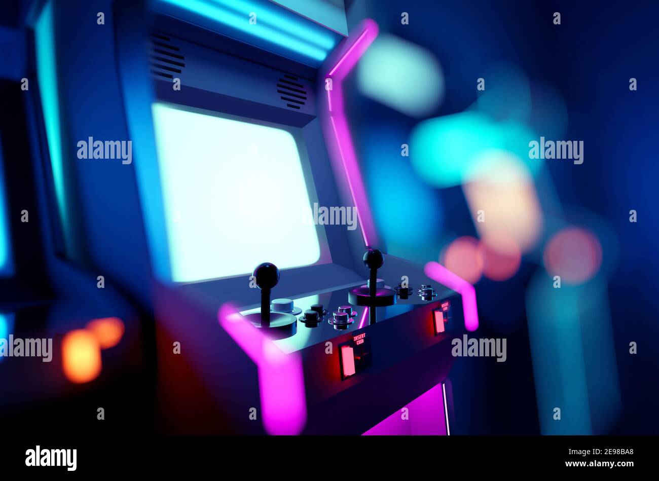 Retro neon glowing arcade machines in a games room. 3D render illustration. Stock Photo