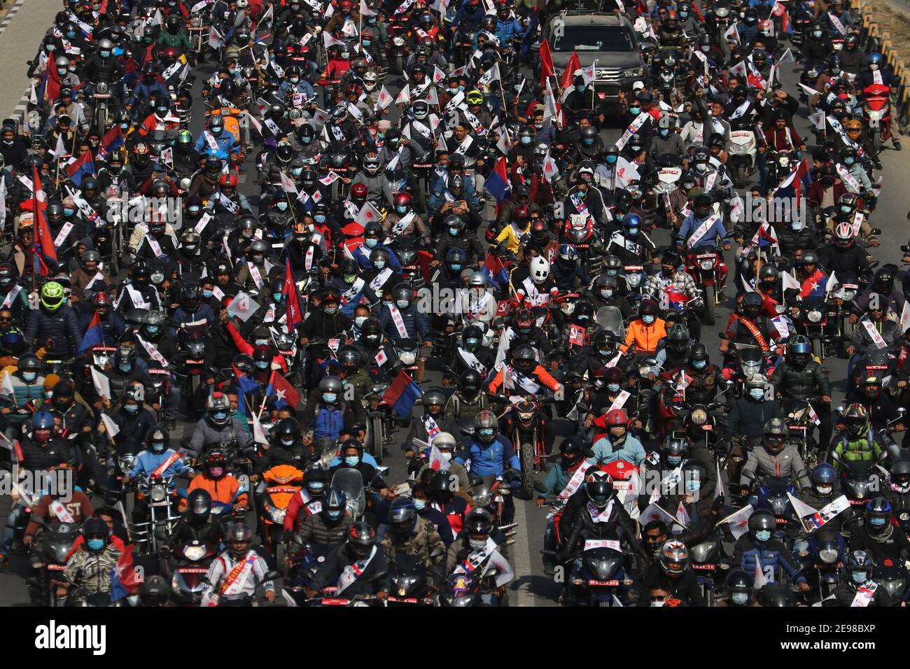 Kathmandu, NE, Nepal. 3rd Feb, 2021. Supporters of Prime Minister KP Sharma Oli stage a mass motorcycle rally in Kathmandu, Nepal on February 3, 2021. Credit: Aryan Dhimal/ZUMA Wire/Alamy Live News Stock Photo