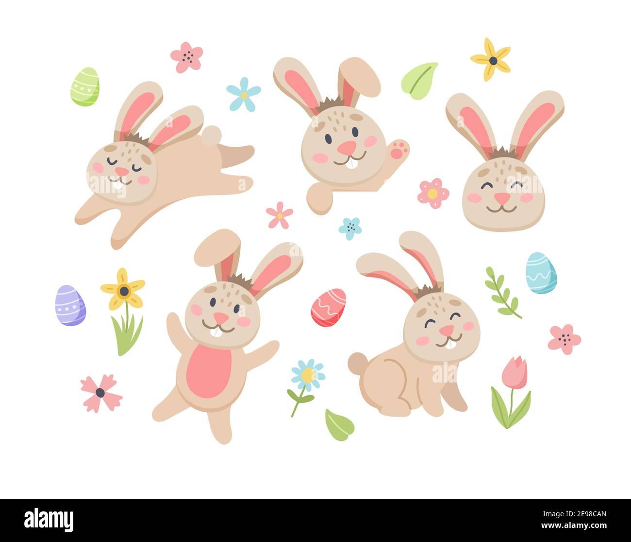 Easter bunny set with cute flowers and eggs. Hand drawn flat cartoon ...