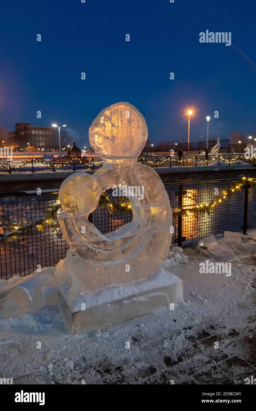 Detroit, Michigan - An ice sculpture at Robert C. Valade Park on the east riverfront. The park, part of the Detroit Riverfront Conservancy, programs a Stock Photo