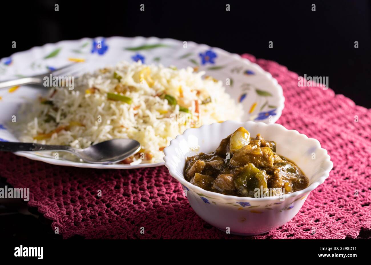 selective focus on fried rice and chilli chicken - popular chinese foods of India Stock Photo