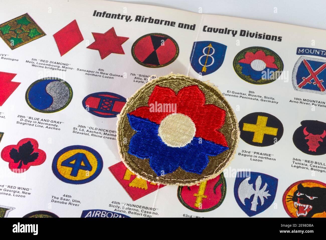 In August of 1945, 'Life' magazine displayed a full roster of arm patches, Including the Ninth Division, World War II., USA Stock Photo