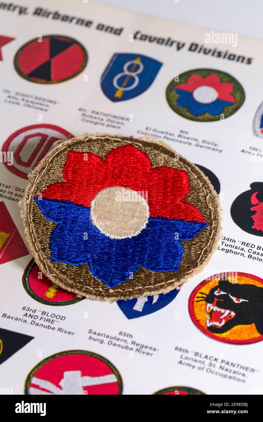 In August of 1945, 'Life' magazine displayed a full roster of arm patches, Including the Ninth Division, World War II., USA Stock Photo