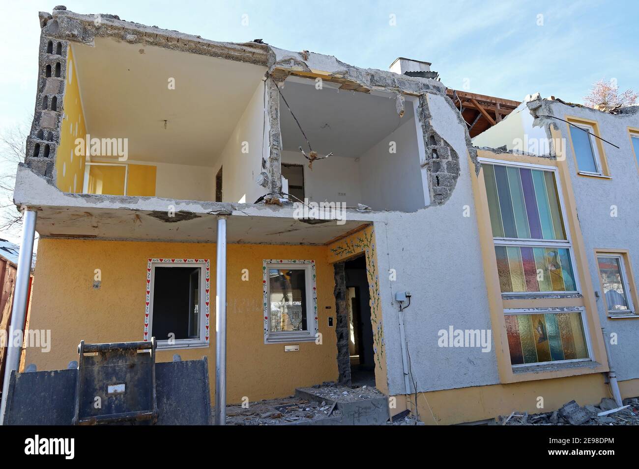 House demolition. A damaged house. A house is being demolished. A