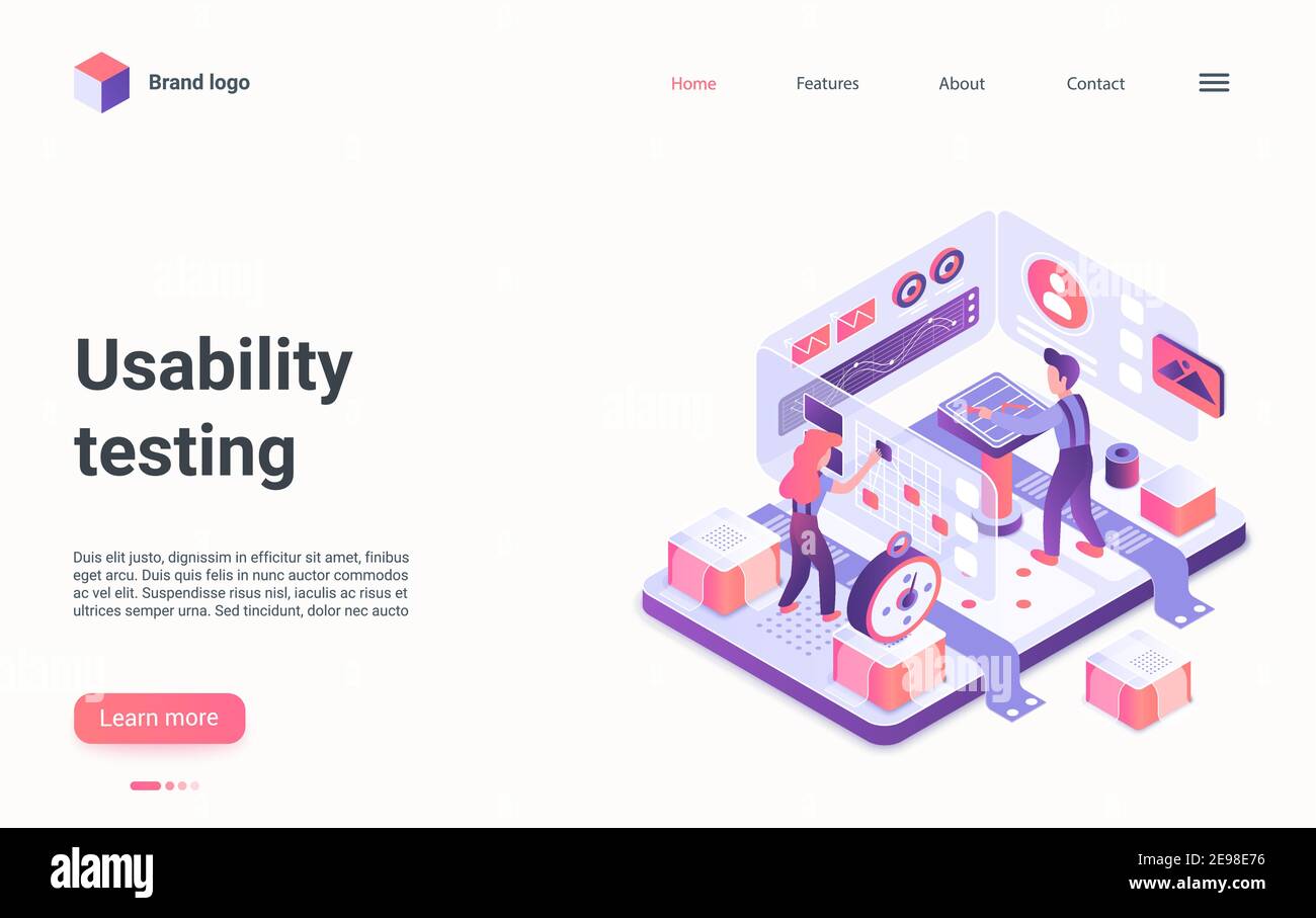 Usability mobile application testing isometric vector illustration. Cartoon 3d website development, interface app test process, developer or user people work on digital dashboard analysis landing page Stock Vector