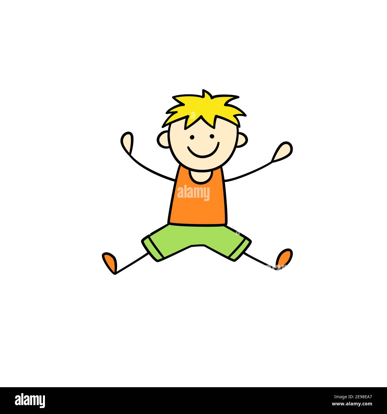 Funny little boy jumps. Cute kid drawing. Hand drawn vector