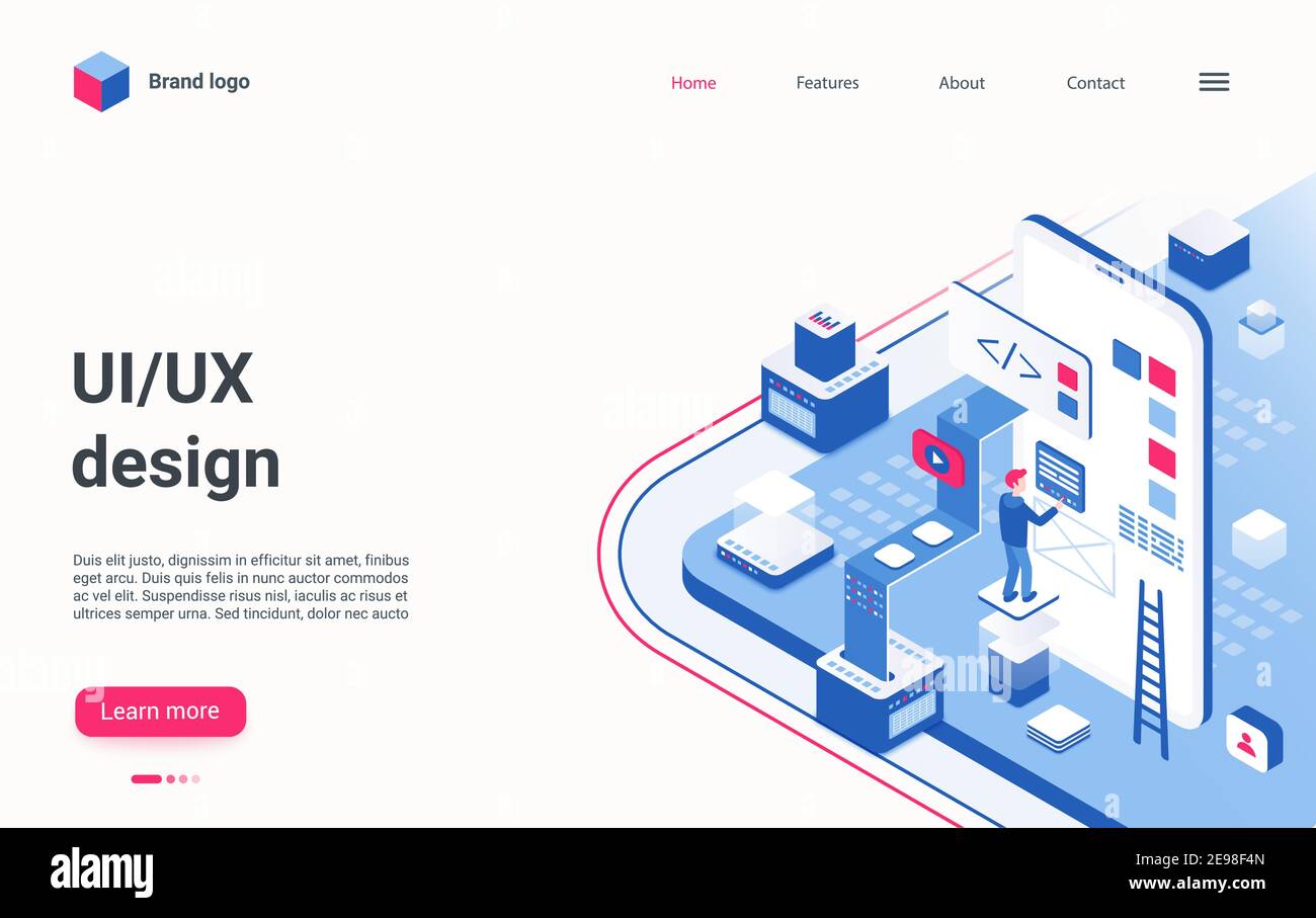 Ux ui design isometric vector illustration. Cartoon 3d coder programmer man character create code in website development process, developer working on new software program project landing page Stock Vector