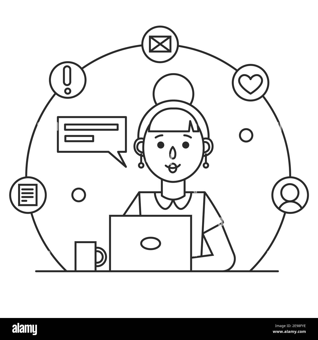 Girl working with a laptop computer. Icon of a female secretary
