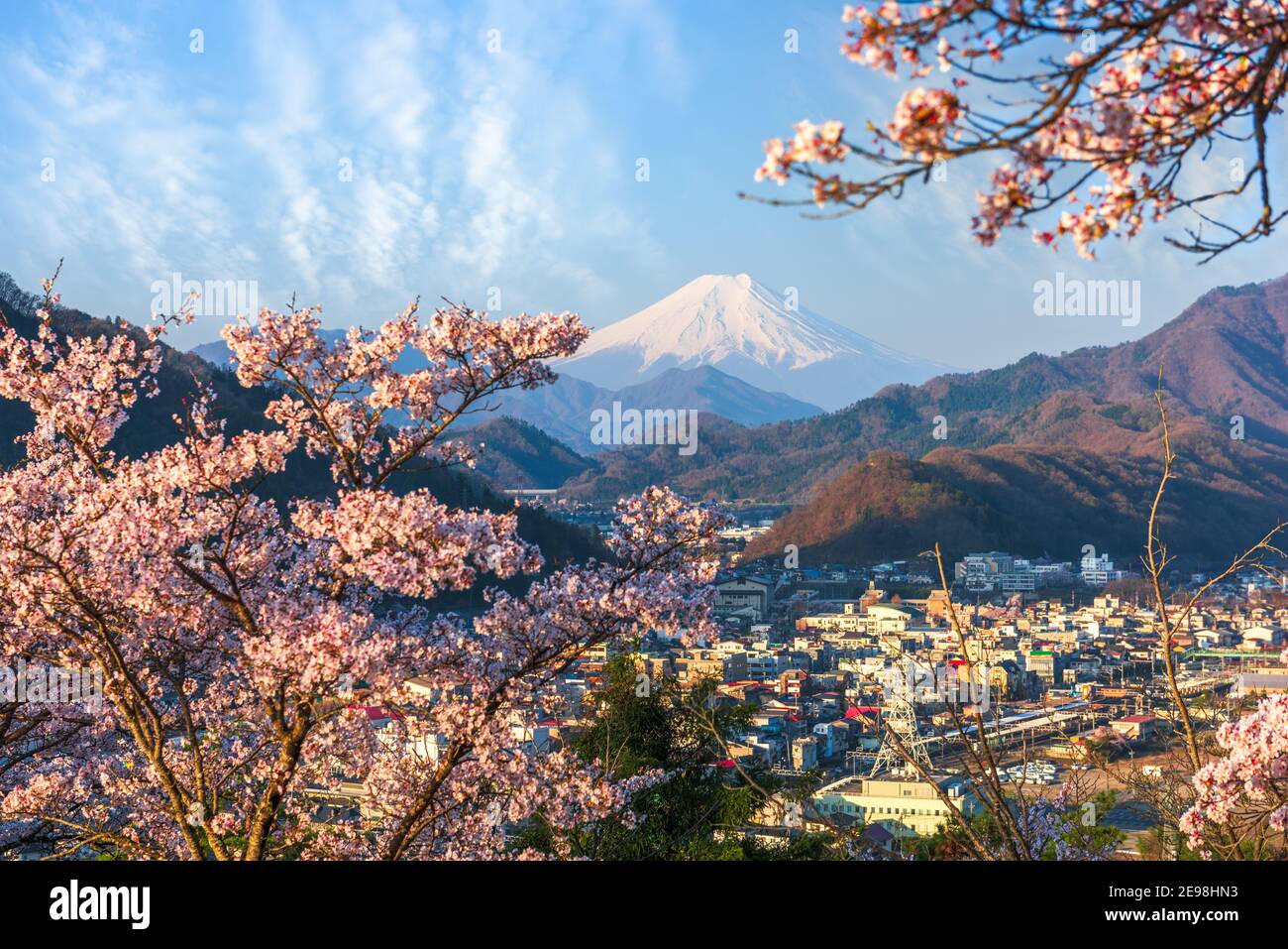 Otsuki, Japan cityscape with Mt. Fuji in spring season with cherry blossoms. Stock Photo
