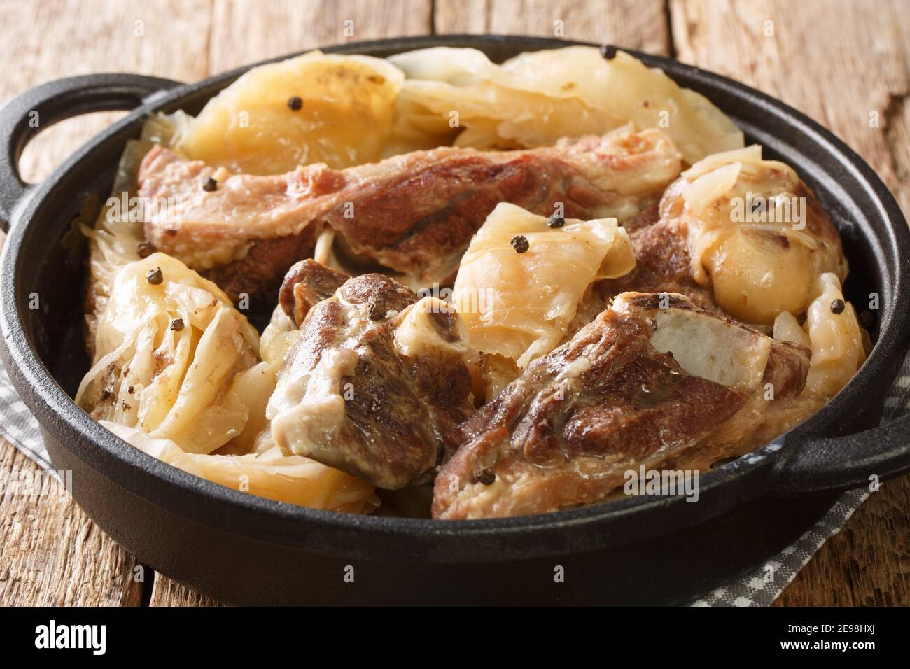 Farikal Norwegian Lamb and Cabbage Stew closeup in a pan on the table