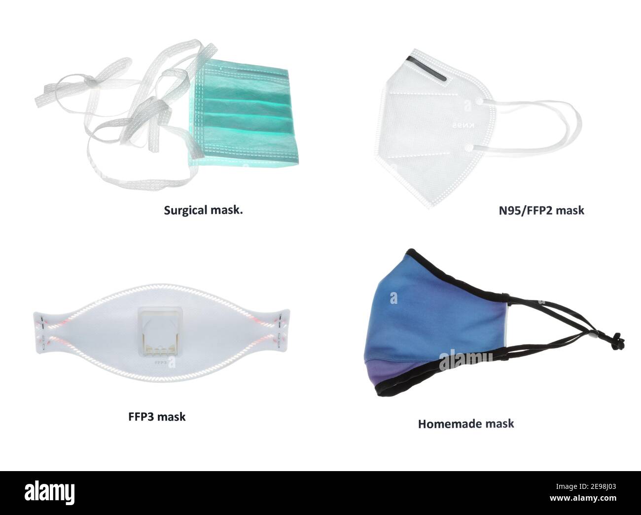 Four masks offering different grades of protection against Covid-19 infection, homemade fabric face covering, surgical mask, N95, FFP2 and FFP3 mask. Stock Photo