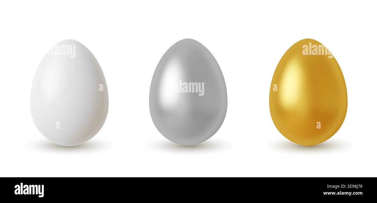Vector metal Easter eggs set. Realistic silver and golden glitter eggs collection for your design Stock Vector