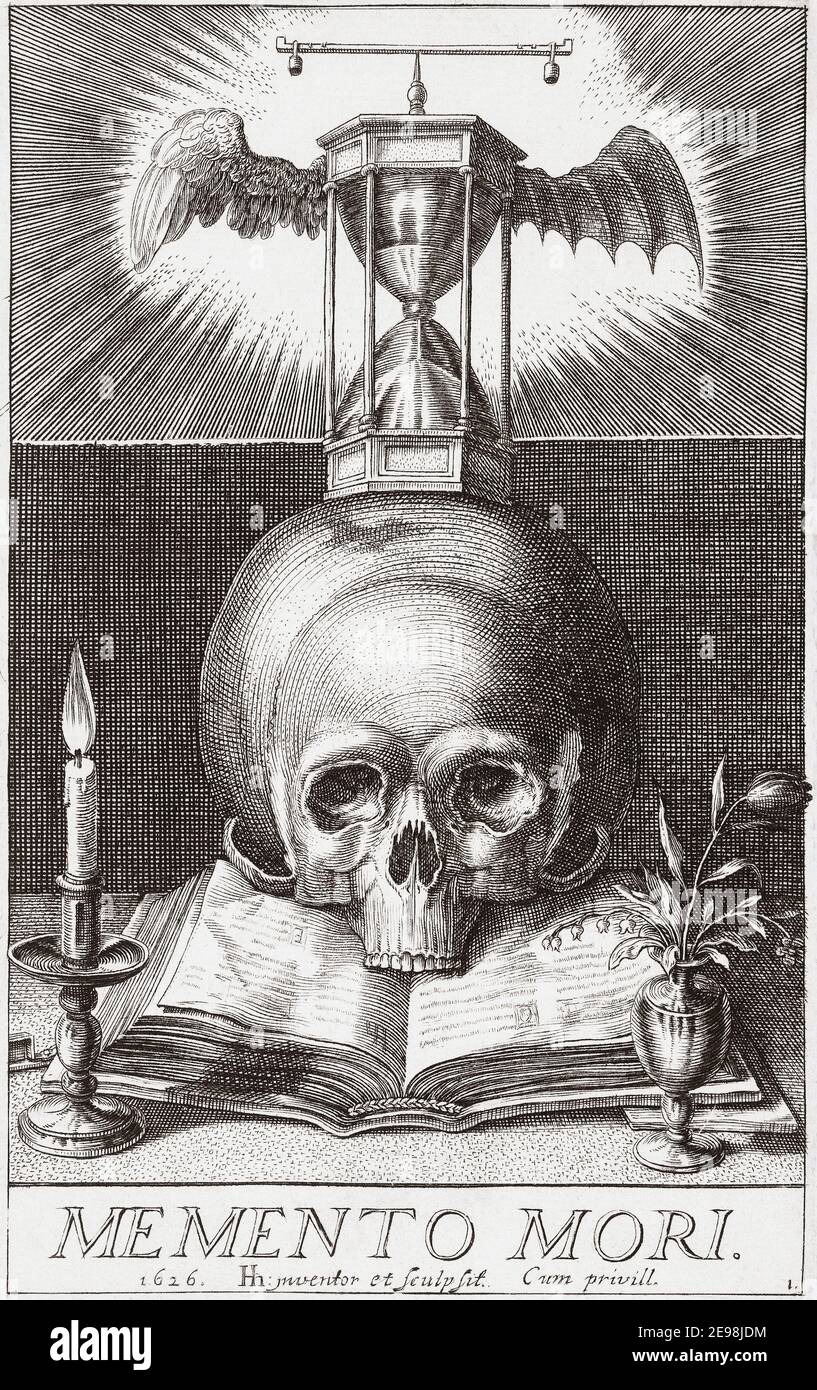 Memento Mori.  Remember death, or Remember you must die.  After an early 17th century work by Hendrick Hondius.  Symbols in this picture include a skull, an hourglass and scales.  The scales are set above two very different wings which suggest an afterlife in heaven or hell depending upon comportment in the here and now. Stock Photo