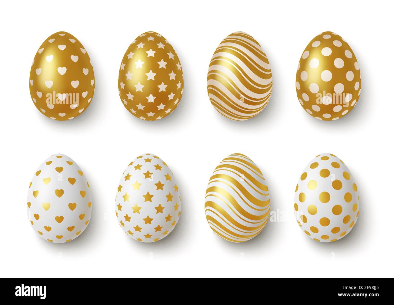 Realistic Gold and white easter eggs with geometric ornaments. Vector Stock Vector