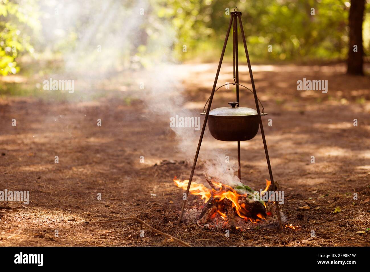 Food is cooked on campfire in forest. Traveling, tourism, picnic cooking in cauldron, fire and smoke. Stock Photo