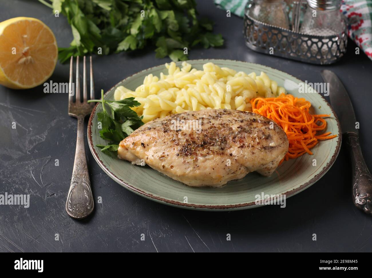 Fillet Breakfast Baked chicken fillet, pasta and fresh carrots - a delicious and healthy ...