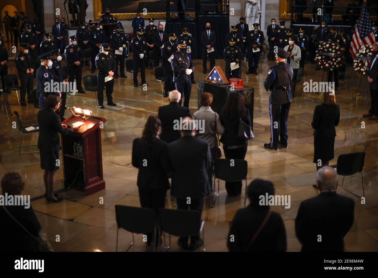Washigton, USA. 29th Jan, 2021. A view of the ceremony for late Capitol Police officer Brian Sicknick as he lies in honor in the Rotunda of the U.S. Capitol in Washington, U.S. February 3, 2021. (Photo by Carlos Barria/Pool/Sipa USA) Credit: Sipa USA/Alamy Live News Stock Photo