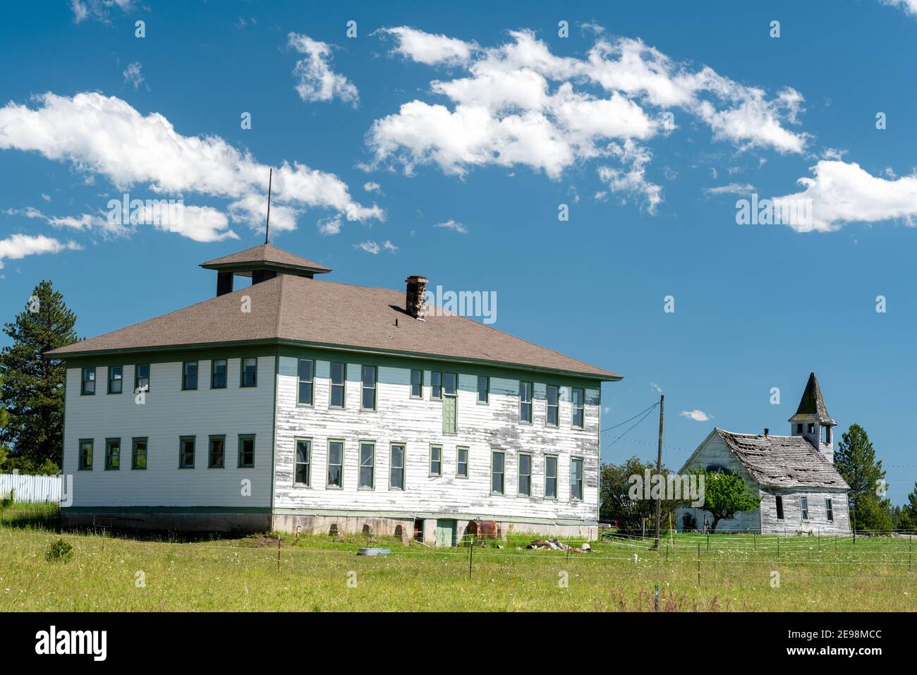 The Flora School and Methodist Church in the ghost town of Flora, Oregon. Stock Photo
