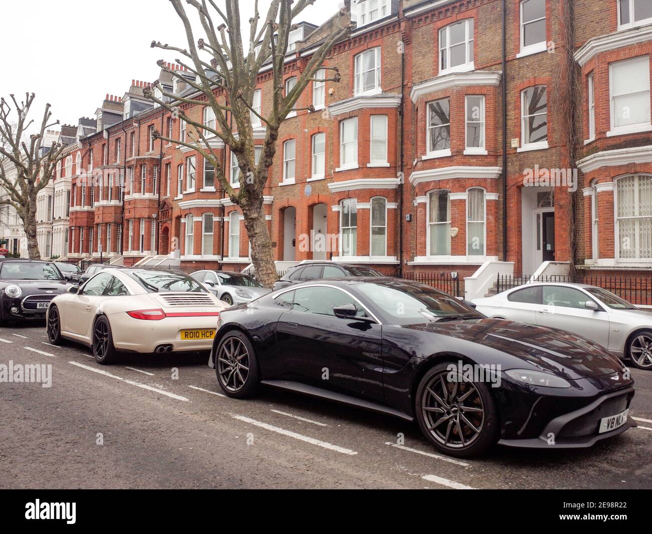 London- Expensive cars parked on upmarket street in Maida Vale area of Paddington, North West London Stock Photo
