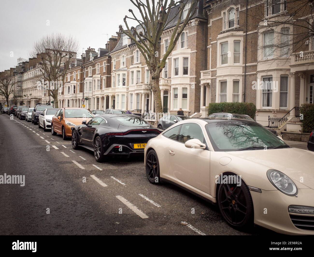 London- Expensive cars parked on upmarket street in Maida Vale area of Paddington, North West London Stock Photo