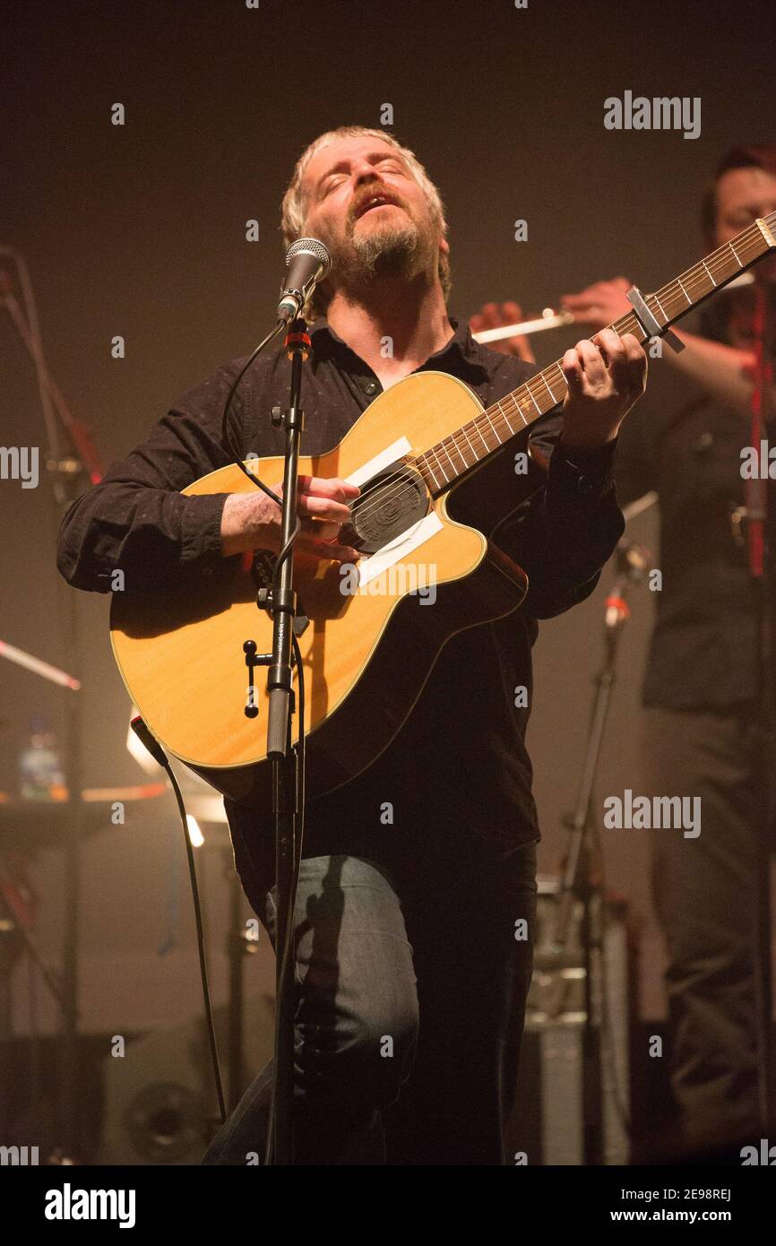 John Bramwell of I Am Kloot live on stage at the Barbican in London as part of their first ever sold-out UK tour Stock Photo