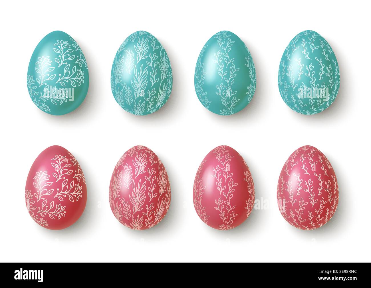 Realistic pink and blue easter eggs with flower ornaments. Vector Stock Vector